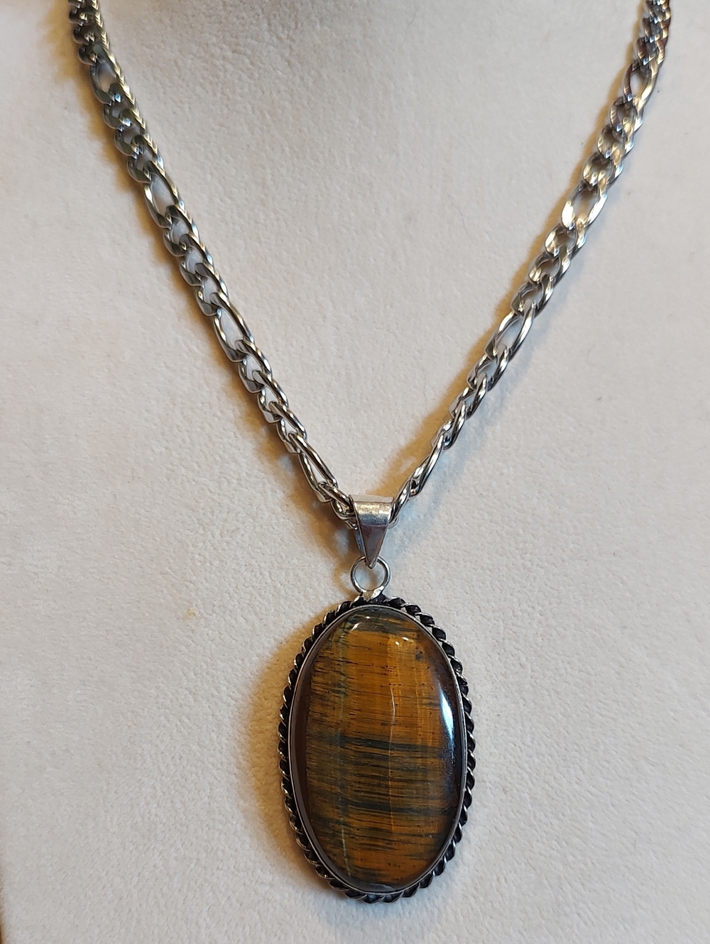 Oval Tiger Eye Gemstone Pendant With 20" Stainless Steel Mariner Link Chain